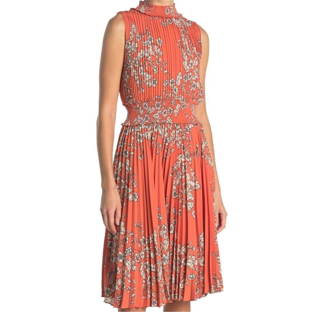 NWT | Nanette Lepore | High Neck Coral Floral Pleated Midi Dress | Women Size 12